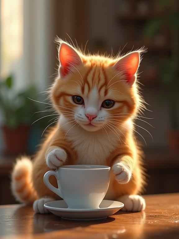 A fluffy orange cat with white fur details, seated at a wooden table, gently holding a white coffee cup, in a warm and cozy indoor setting with plants in the background.