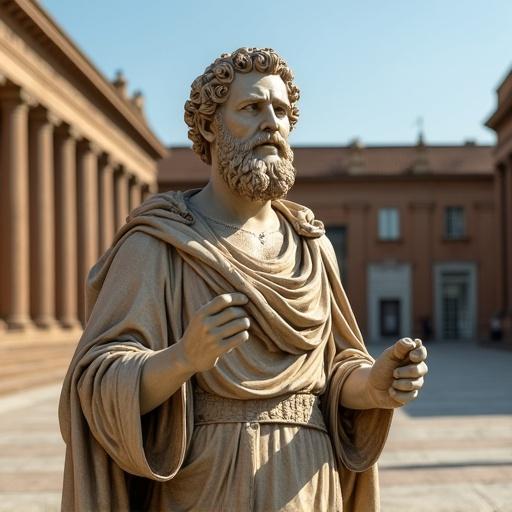 A philosopher holding a scroll stands in a plaza of ancient Greece. The statue is detailed, depicting a wise appearance. The surrounding architecture reflects a classical style.