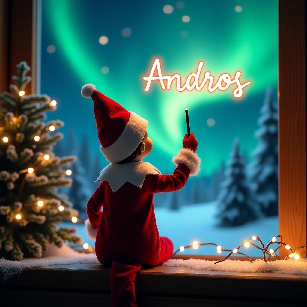 Enchanting Christmas scene. Elf on the shelf dressed in red and white. Elf writing 'Andros' with a magic wand. Vibrant northern lights in the background. Magical ambiance. Whimsical twist to holiday spirit. Sense of wonder and excitement.