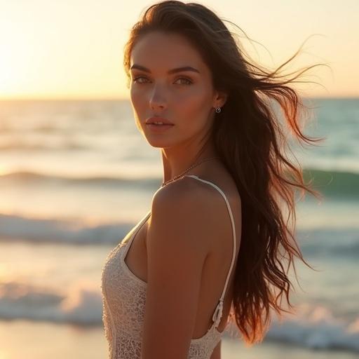 Digital photograph of a glamorous young woman with a slim hourglass figure standing confidently on a pristine beach. Long dark brown hair flows in the wind. Flawless sun-kissed skin with subtle makeup. Ocean waves and soft pastel sky in background. Realistic high resolution.