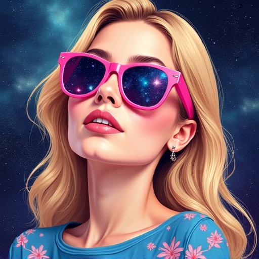 Photorealistic illustration features a young woman with blonde hair. She wears trendy pink sunglasses reflecting vibrant galaxy images. Attire includes a blue shirt with pink floral patterns. Background showcases detailed stars and a nebula.