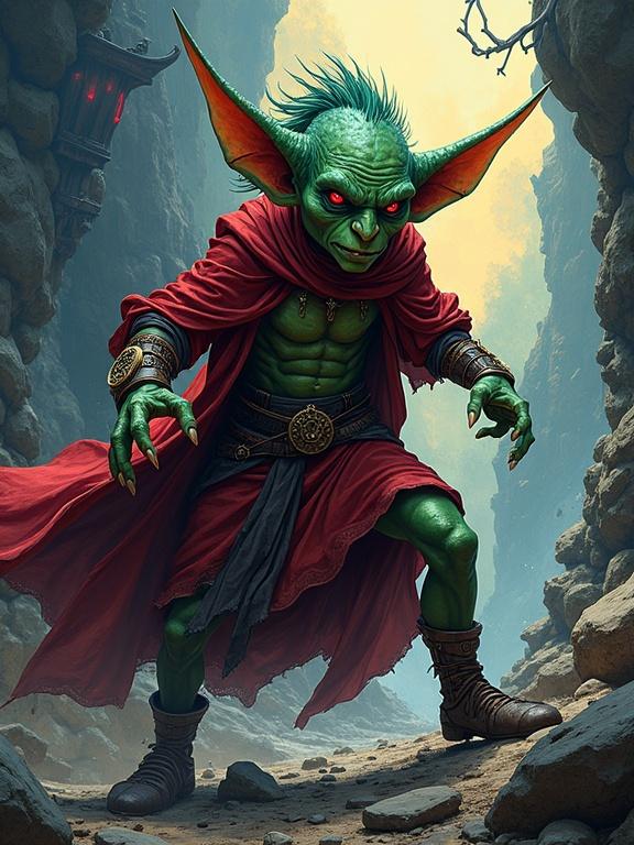 Goblin sorcerer character in action pose. Dark fantasy background with intricate details. Art style inspired by comic books and anime colors. Bold outlines with dynamic cel-shading. Heavy line work for character design. Speed lines to show movement. Vivid colors and particle effects.