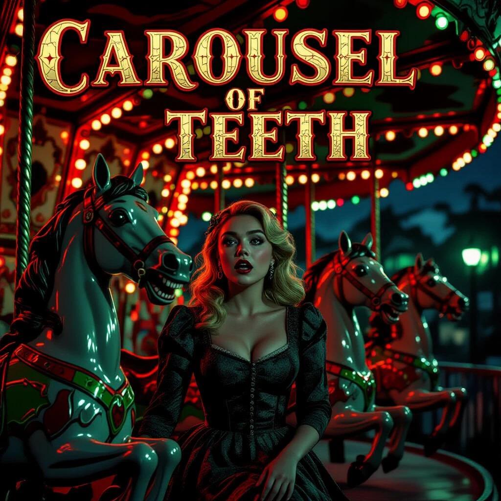 Movie poster for Carousel of Teeth featuring Carnival-style vintage serif. Actress fleeing a demonic carousel with horses having human teeth. Hellish red and green lights flicker. Low-key horror lighting with exaggerated shadows. Hyperrealistic style.