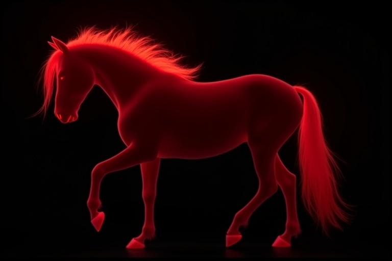 Silhouette representation of a horse. Bright red color for the horse. Mane depicted as flames. Background is pure black.