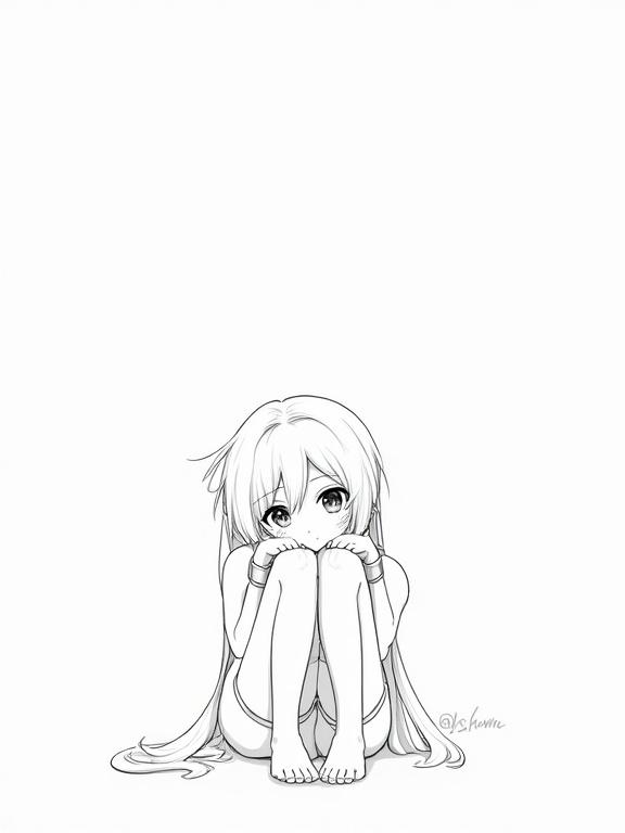 Cartoon sketch of a girl sitting with crossed legs and chin resting on hands She has pretty long hair and a bored expression Image features a monochrome style on a plain background