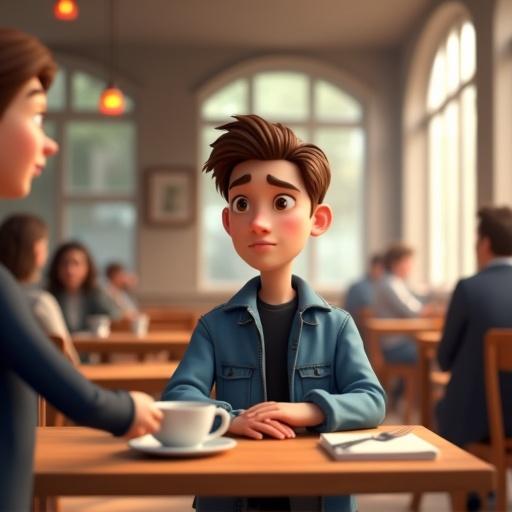3D cartoon young man with brown hair sitting alone at a wooden table in a café. He looks contemplative and wears a blue denim jacket over a black t-shirt. A server in formal attire holds a white cup on a saucer. The café has large windows allowing natural light, creating a warm glow. Other patrons are seated in the background engaged in quiet conversation.