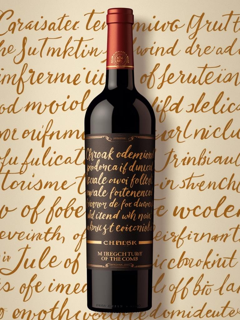 Wine label design features premium brand Chromík. Typography is cursive and arranged around the bottle. Background has a subtle wine pattern. Color scheme includes deep browns and warm golds. Tagline at the bottom states A Touch Of The Gods. Themes of luxury and craftsmanship are emphasized.