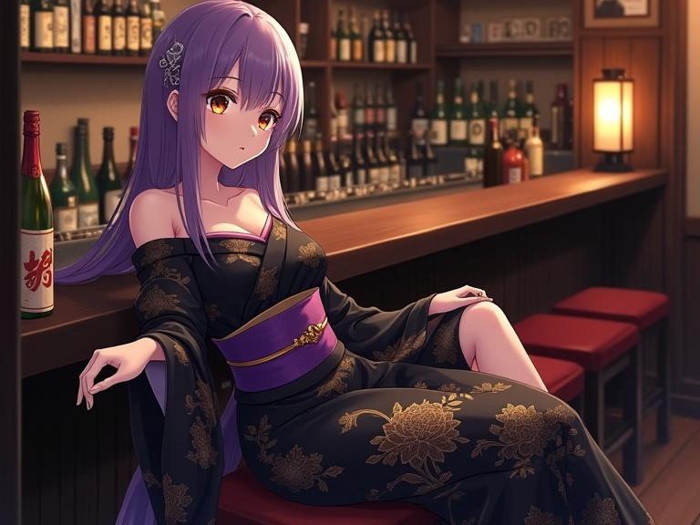 Beautiful anime woman with long violet hair and warm brown eyes She wears a black kimono with gold floral patterns One shoulder exposed and violet obi She reclines elegantly on a cushioned bench in a cozy Japan bar with wooden shelves and glowing lanterns Dim atmosphere at night