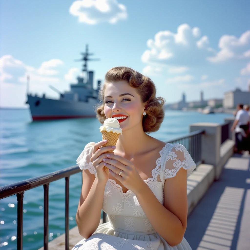 Photorealistic portrait from 1943 featuring a woman in a knee-length lace dress eating ice cream on the Black Sea coast. The image captures wartime tension with anti-landing barriers in background and a U-boat docked. Bright noon light accentuates her features and the surrounding scenery. High-quality film photography with distinct Leica bokeh and film grain effects.