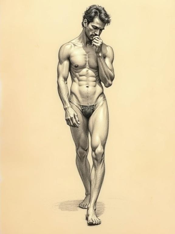 Highly textured pencil sketch of a male figure in full-body view. Pose is relaxed and expressive, as if caught deep in thought. One hand touching his face. Dynamic pencil marks and shading define the figure's curves. Soft facial expression. Set against warm creamy background.