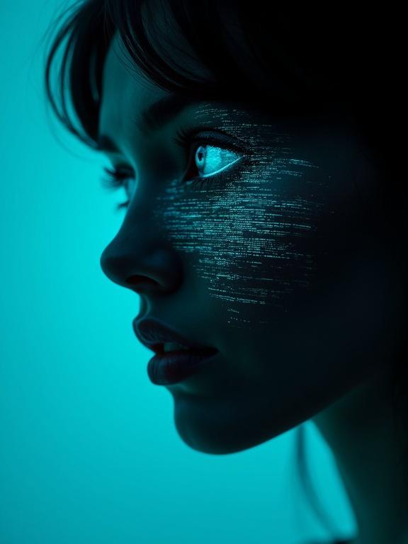 Extreme macro close up illustration of a woman's silhouette with a visible turquoise blue eye. Eye has turquoise blue glitch static. Woman faces towards the camera.