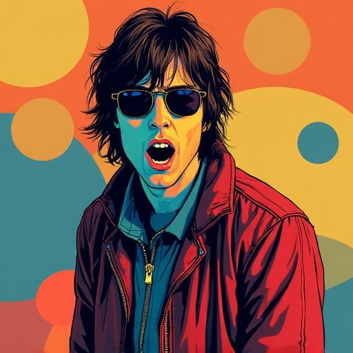 Comic style artwork featuring a singer with sunglasses and messy hair. The background is filled with colorful abstract shapes. The character is expressing a strong emotion, resembling iconic 90s rock styles.