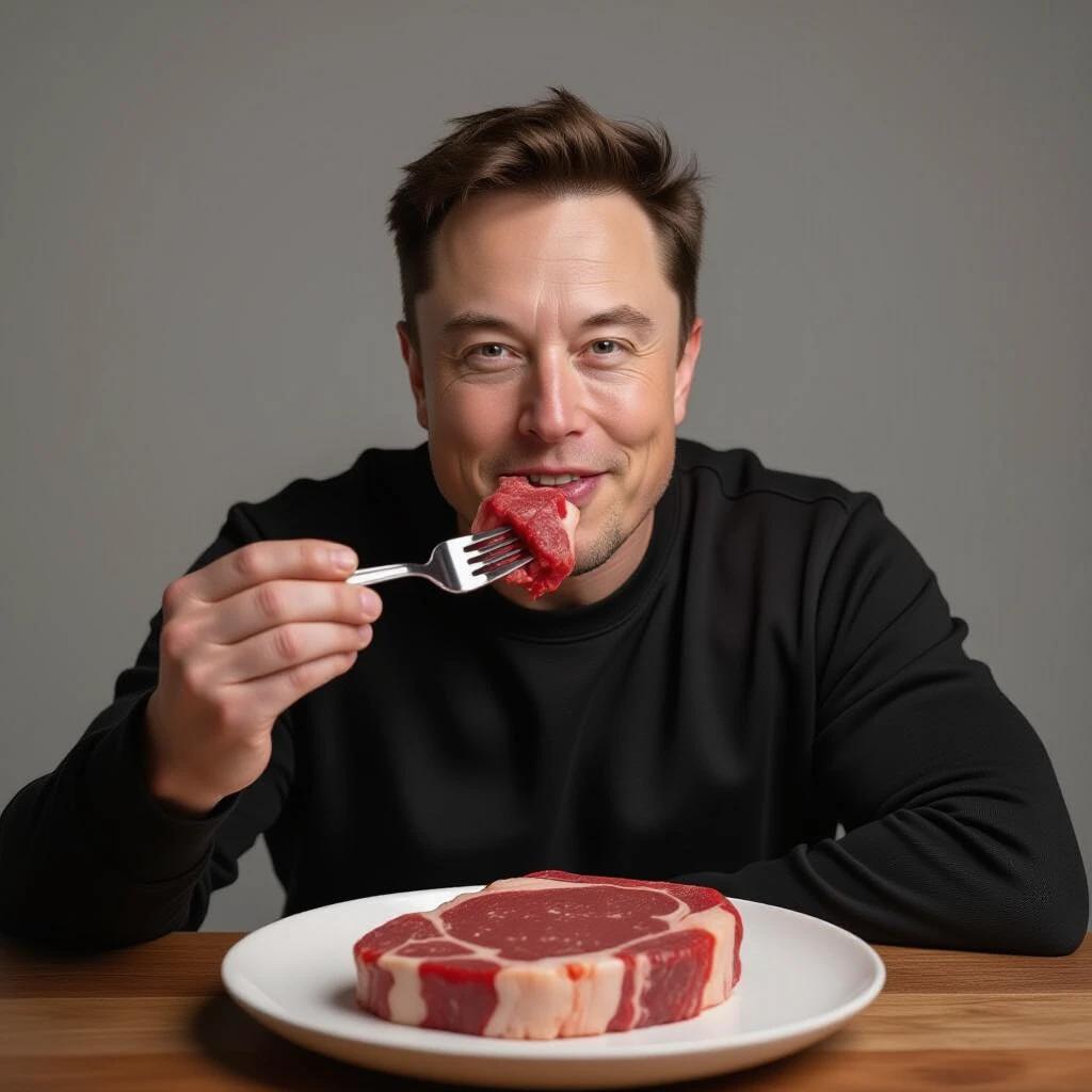 A man seated at a table. He holds a fork with a piece of raw steak. A large raw steak on a white plate is in front of him. The person is in casual attire. The background is neutral and gray-colored.