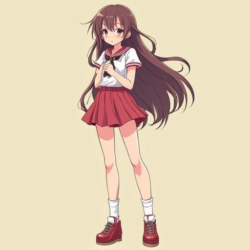 Anime character in a school uniform. Long hair falls around the shoulders. Skirt is short and vibrant. Character has charming demeanor. Stands against a light beige background.