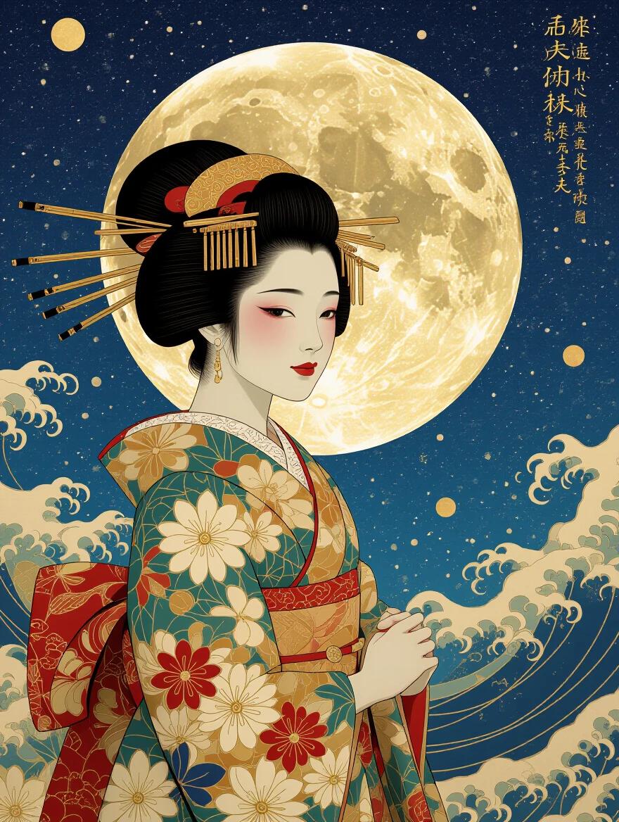 Ancient Japan fantasy scene dressed Japanese geisha wearing colorful kimono standing under a large moon with waves.