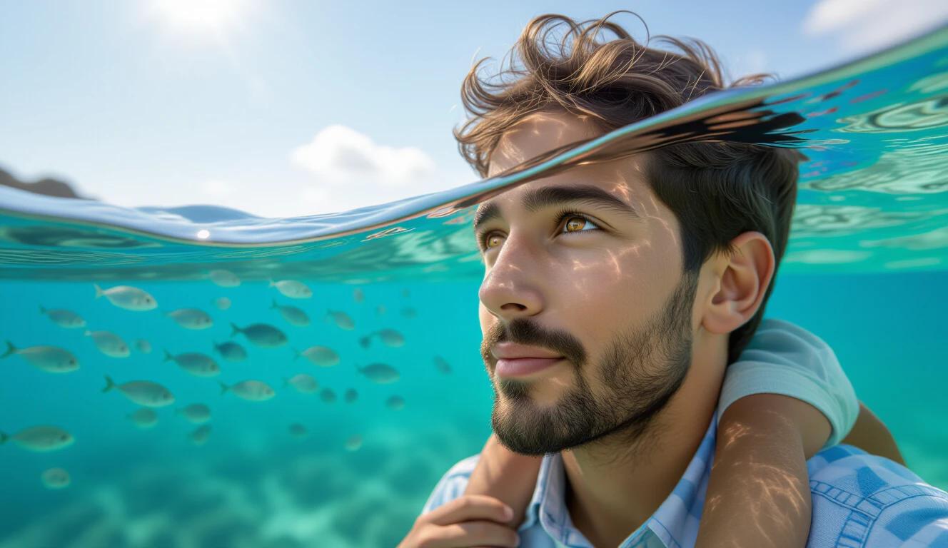 Child on father's shoulders. Joyful expression. Surrounded by a school of fish. Light reflects on the water surface. Gentle motion in background. Vertical composition.
