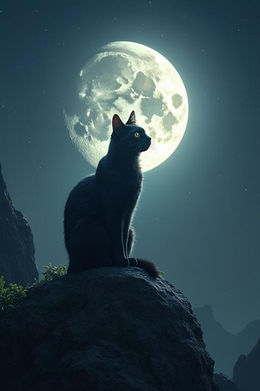 A black cat sitting on a rock gazing at the full moon. The background features mountains and a starry sky. The scene is illuminated by the soft glow of the moon.