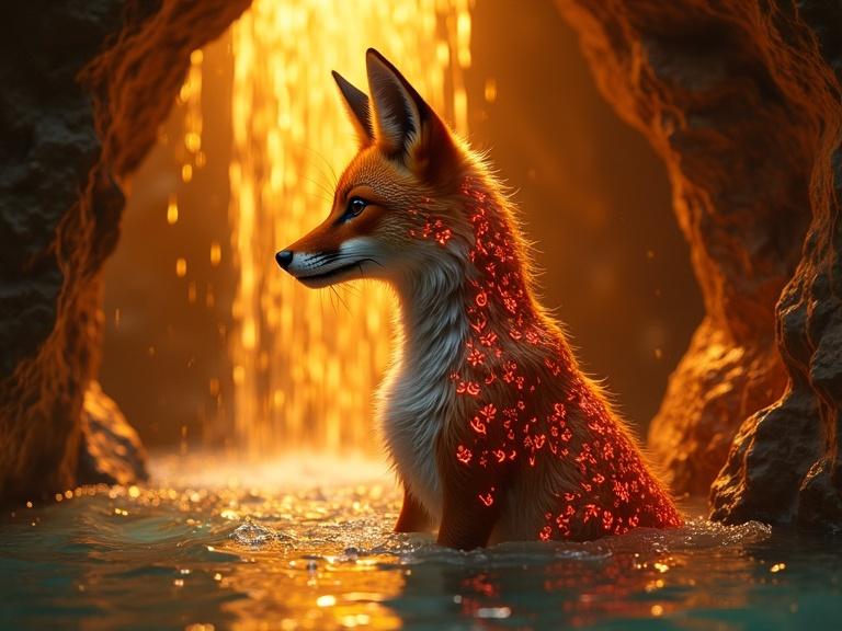 An anthropomorphic fox is in a cave with a golden waterfall. Bioluminescent flora patterns decorate its body. The cave walls have neon orange geometric designs. The fox is shown in side profile.