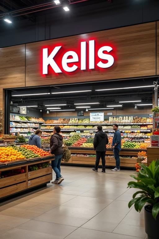 Large grocery store named Kells with people entering. Bright and colorful display of fresh produce at the entrance.