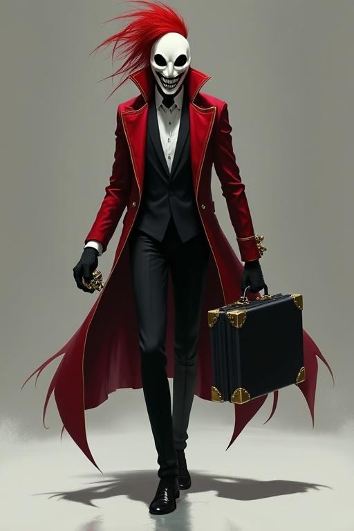 Digital artwork in semi-realistic style. Tall slender figure with white mask and jagged grin. Elegant black suit and red trench coat. Holds control device and black briefcase. Strides on reflective surface with shadows. Minimalist gray background. Lighting emphasizes red gold black contrast.