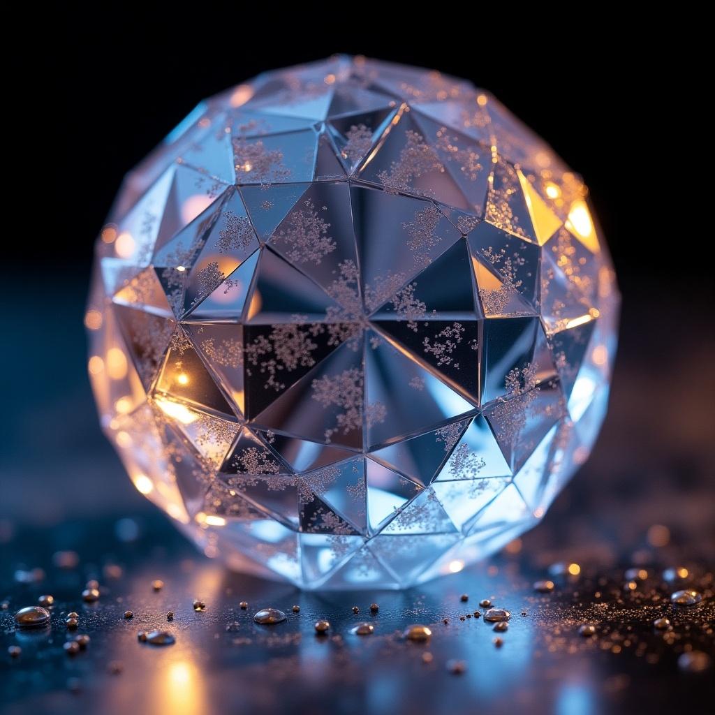 Close-up image of a crystal sphere made of geometric shapes. Light reflects off the surface, creating an ethereal glow. Tiny droplets of water visible.