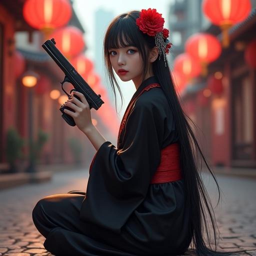 A young woman kneels in a black kimono with red trim on a cobblestone street. She holds a detailed handgun confidently. Her long black hair features a red flower and intricate silver hairpins. The setting is a traditional East Asian city with red lanterns at dusk, creating a warm glow. High-quality, photorealistic details are captured.