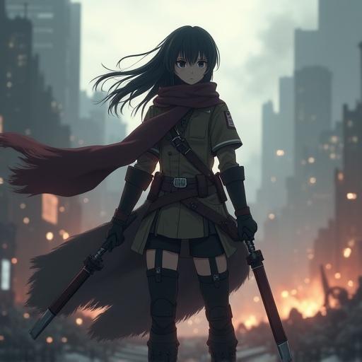 Mikasa Ackerman stands confidently in battle uniform with dual blades. Intense expression as wind blows her scarf. Background shows Titans fighting in a devastated city. Atmosphere is dark and moody with dramatic lighting and fog.