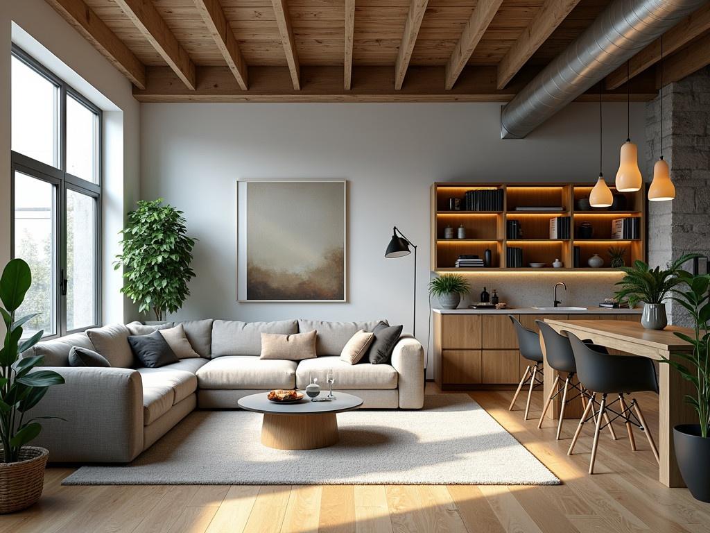 Create a bright industrial loft that features an open living room and dining room area. The space should be filled with natural light and adorned with green plants, enhancing the inviting atmosphere. The interior design should showcase modern furniture, highlighting a cozy couch and a stylish dining table with sleek chairs. Include decorative elements that reflect a contemporary aesthetic, such as wooden shelves filled with books and decorative items. The overall look should blend comfort with a chic industrial vibe.