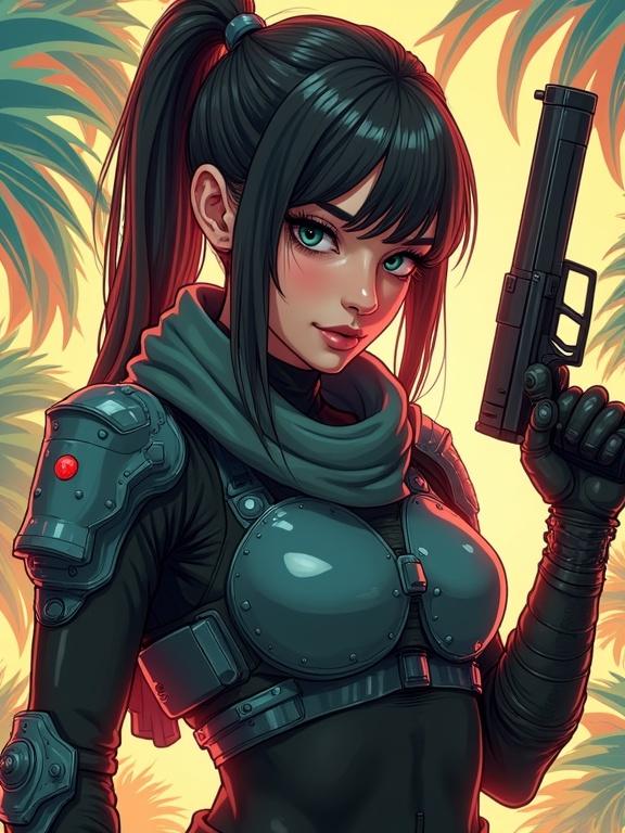Cyberpunk rebel full body portrait of a young girl. She holds a Glock X19 with a silencer, aiming confidently. Background features psychedelic palm wallpaper. Outfit includes a casual t-shirt and tactical exo suit with biomechanical parts. Hair styled like Judy. Character exhibits dominant and charismatic energy, highlighted by freckles and sensual lips. Overall vibe is cheeky and energetic, suited for a resistance movement. Optimized for high resolution and intricate details.