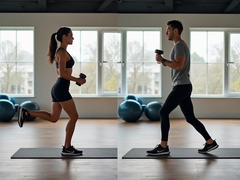 Split screen of a workout session. One side features a woman running with dumbbells. The other side displays a man performing HIIT sprints. Both subjects are in athletic attire. The setting is a gym with large windows and exercise equipment in the background.