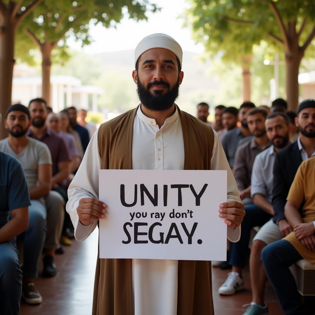 The image shows a man dressed in traditional Muslim clothing standing confidently and holding a sign. The sign prominently states 'UNITY' with a subtext emphasizing inclusivity among different sects of Islam. He stands before a diverse crowd seated in a communal setting, reflecting a message of harmony. The natural lighting enhances the sincerity of the moment. This gathering symbolizes hope for increased dialogue and understanding within the Islamic community.