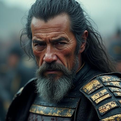 Highly realistic portrait of a weathered samurai mid-50s stern exhausted expression gray beard traditional black armor gold detailing slightly damaged battlefield dirt bloodstains sweat tired eyes dark circles loose hair dark smoky background cinematic lighting ultra-detailed 4k resolution