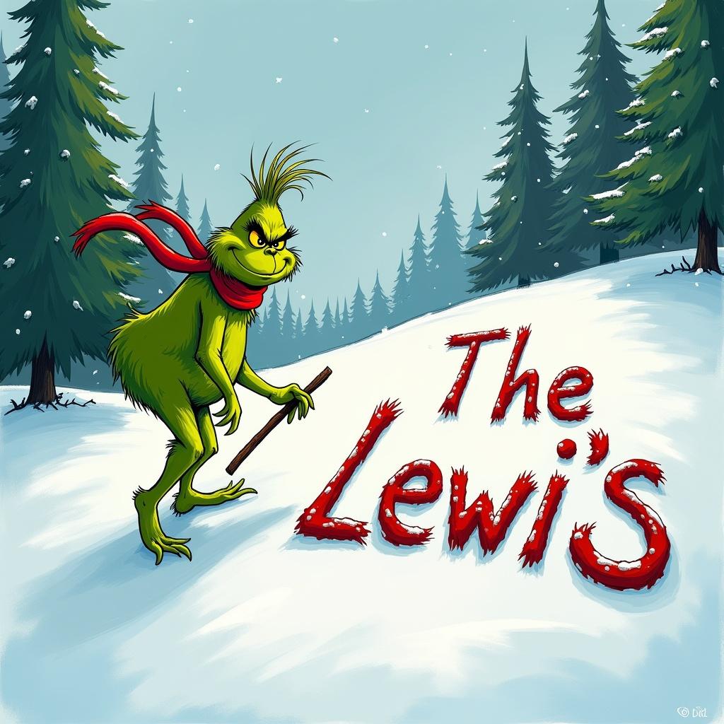 The Grinch writes the name the lewis's in the snow. Snow-covered hills surround the Grinch. Evergreen trees frame the landscape. The Grinch is green and wears a red scarf. He holds a stick.