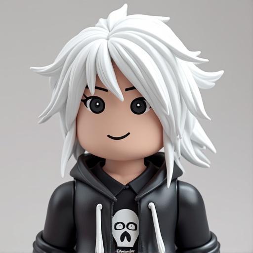 Roblox avatar with big white hair. Avatar wears black and white clothing. Digital art style representation. Character has stylized features and casual look.
