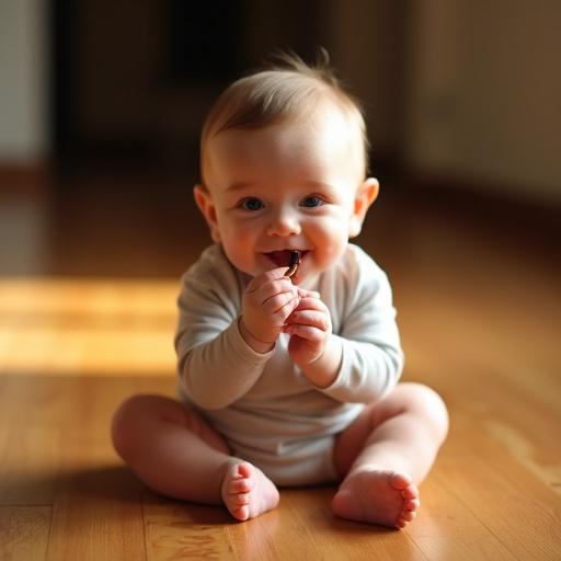 A tiny smiling infant sits on a hardwood floor. The baby delicately eats a small earthworm. Warm ambient light fills the scene. The atmosphere is cozy and inviting. The focus is on the baby's engagement with the earthworm.