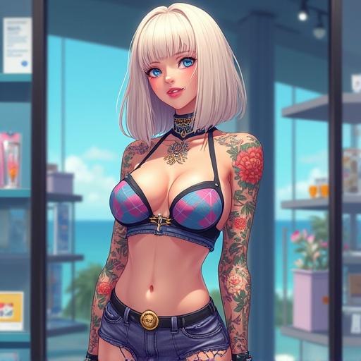 Anime character depicting a 40-year-old woman with blue eyes and a light blonde blunt bob. She has a beautifully structured face with piercings. The style is modern and edgy featuring argyle patterns. The setting is a luxurious Samsung store with technology displayed.