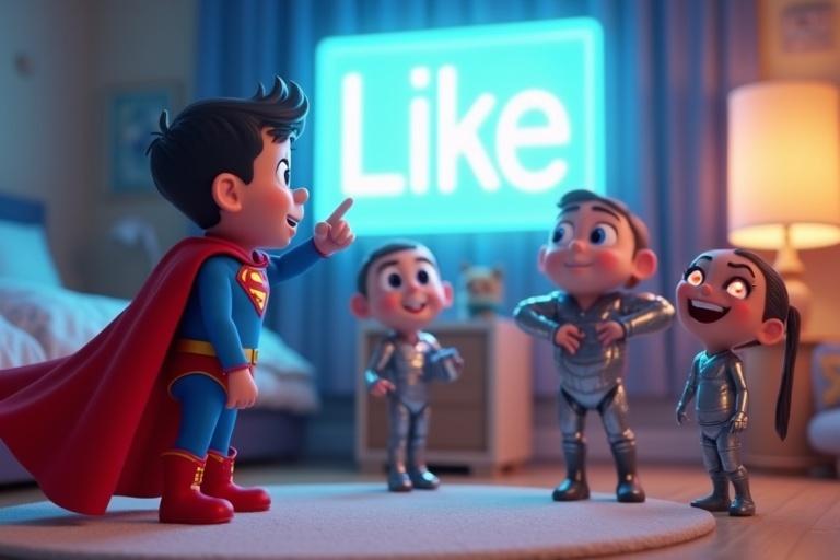 A dynamic 3D animated scene shows Sparky in a red cape and blue suit pointing at a glowing 'Like' button. Zumo and others with metallic outfits cheer. The background represents Rahul's bedroom. Bright colors add excitement.