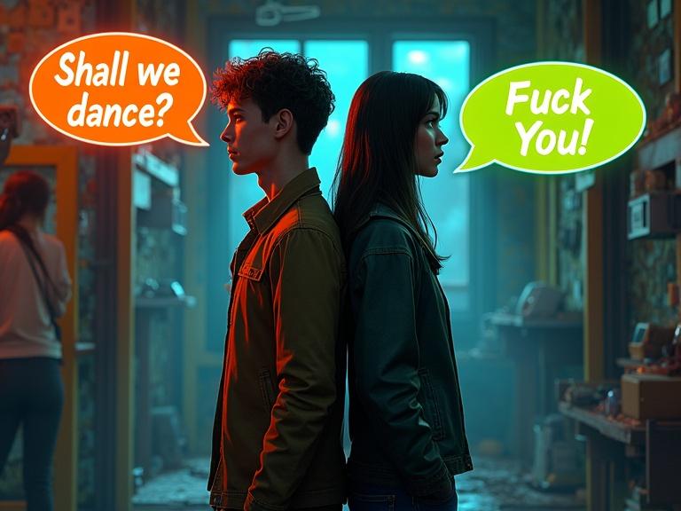 Two characters stand back-to-back in a vibrant and colorful setting. Comic-like dialogue bubbles convey contrasting messages. Neon highlights illuminate the scene.