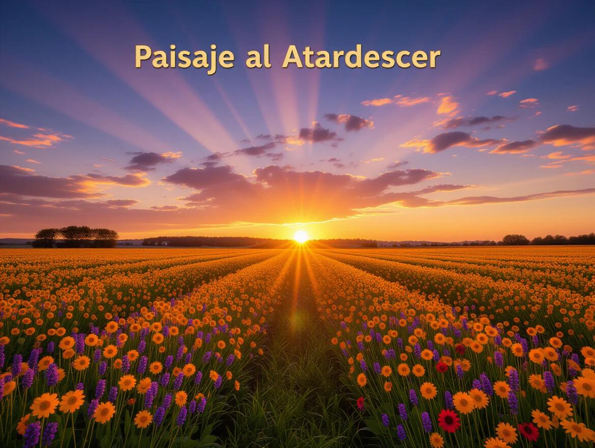 Extensive field landscape at sunset covered with vibrant wildflowers. Wildflowers include poppies daisies lavender and sunflowers in warm tones. Sky displays intense color gradients from fiery orange to soft lilac. Fuzzy clouds and a setting sun cast luminous rays. Center of the field has a clear pathway or semi-circular empty space perfect for adding a person. Dreamy atmosphere with slight bokeh effect on foreground flowers. High-resolution realistic details. Inspired by romantic landscape photography with moderate saturation and warm light. Transition from sunset to starry night with Milky Way partially visible.