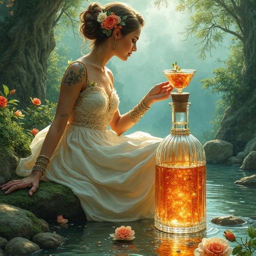 Breathtaking watercolor painting of a woodland goddess in a gown of woven leaves and flowers. She gracefully reclines in a hidden grotto. Offering a toast with a glass of shimmering elixir. Surrounded by lush foliage and a crystal-clear stream. Lower apothecary bottle filled with shimmering elixir rests on a mossy stone. The bottle radiates a golden-reddish glow with a cork lid. An elegant hang tag shows the name 'ALFRUNO'. An identical cocktail glass sits beside the bottle. Natural accents include roses and rosemary. Soft watercolor style reminiscent of Alphonse Mucha and WLOP. Color palette includes gentle greens, blues, and golds, creating tranquility and magic.