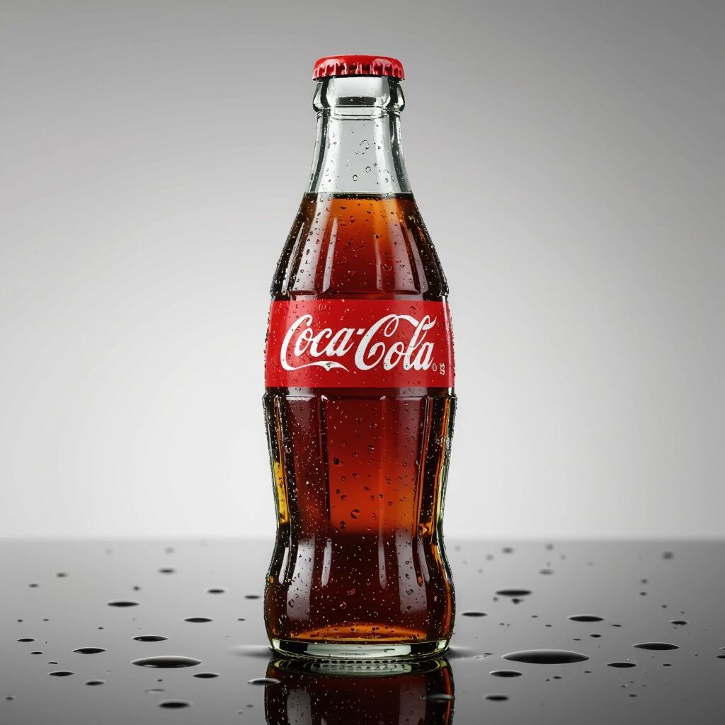 Photorealistic glass Coca-Cola bottle standing upright on a reflective surface. Classic contour glass design with visible embossed Coca-Cola logo. Dewy with water droplets. Red label with white typography. Glass texture with light refraction. Bottle filled with dark cola liquid, carbonation bubbles visible. Soft studio lighting. Clean minimal gradient background.