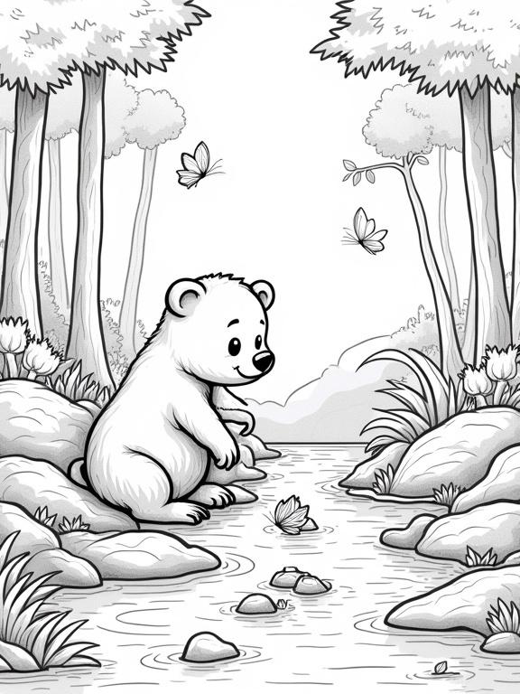 A coloring page for children with a cute young bear trying to catch a fish in a shallow stream surrounded by a forest. Includes rocks, trees, and butterflies for coloring. The image has detailed outlines in a naturalistic style.