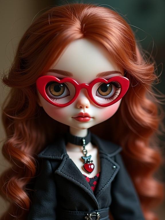 A glam goth Blythe doll has pale skin and red lips. Hair is reddish-brown and curly. Doll wears red heart glasses and a cat-themed necklace. The outfit is vintage glam goth inspired.