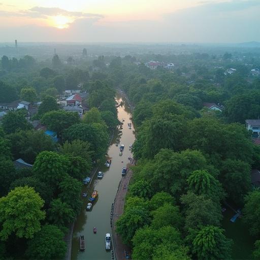 Wide aerial shot of a serene river winding through a lush green landscape. Sunset casting a warm glow. No people in view. Depicts natural beauty and tranquility.