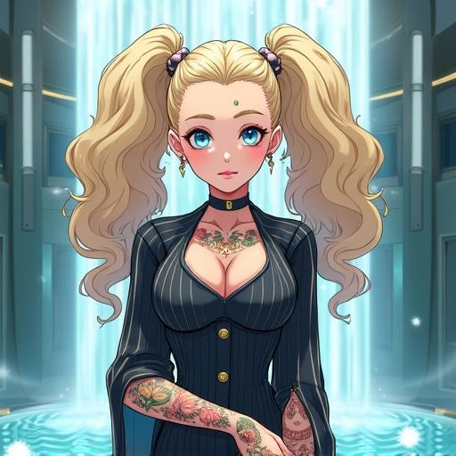 Anime character with blue eyes and blonde curly pigtails. Wearing a professional pinstriped office dress. Female half Japanese half Saiyan. Muscular build with tattoos. Located inside a modern building with a waterfall. Features summer-themed elements and vibrant colors.