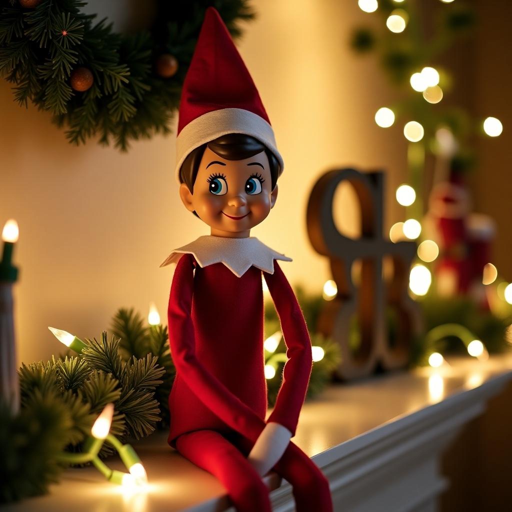 This image features a whimsical elf on the shelf named Shéa, sitting cheerfully on a beautifully decorated mantel. Clad in a classic red outfit with a matching hat and white collar, Shéa's friendly smile embodies the joy of the holiday season. Surrounding the elf are delightful decorations, including a lush green wreath and glowing Christmas lights that enhance the warm ambiance. The background glimmers softly with lights, creating a cozy, festive atmosphere. This charming scene captures the essence of Christmas, evoking family traditions and joyful memories.