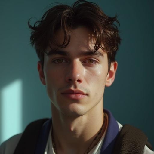 Realistic 8k resolution studio quality image of a guy. Young man with medium-length hair and soft facial features. Wearing a casual outfit and looking directly at the camera.