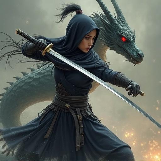 A woman who is a ninja wields a sword beside a dragon. The sword is held ready for a fight. The scene is tense and dynamic.