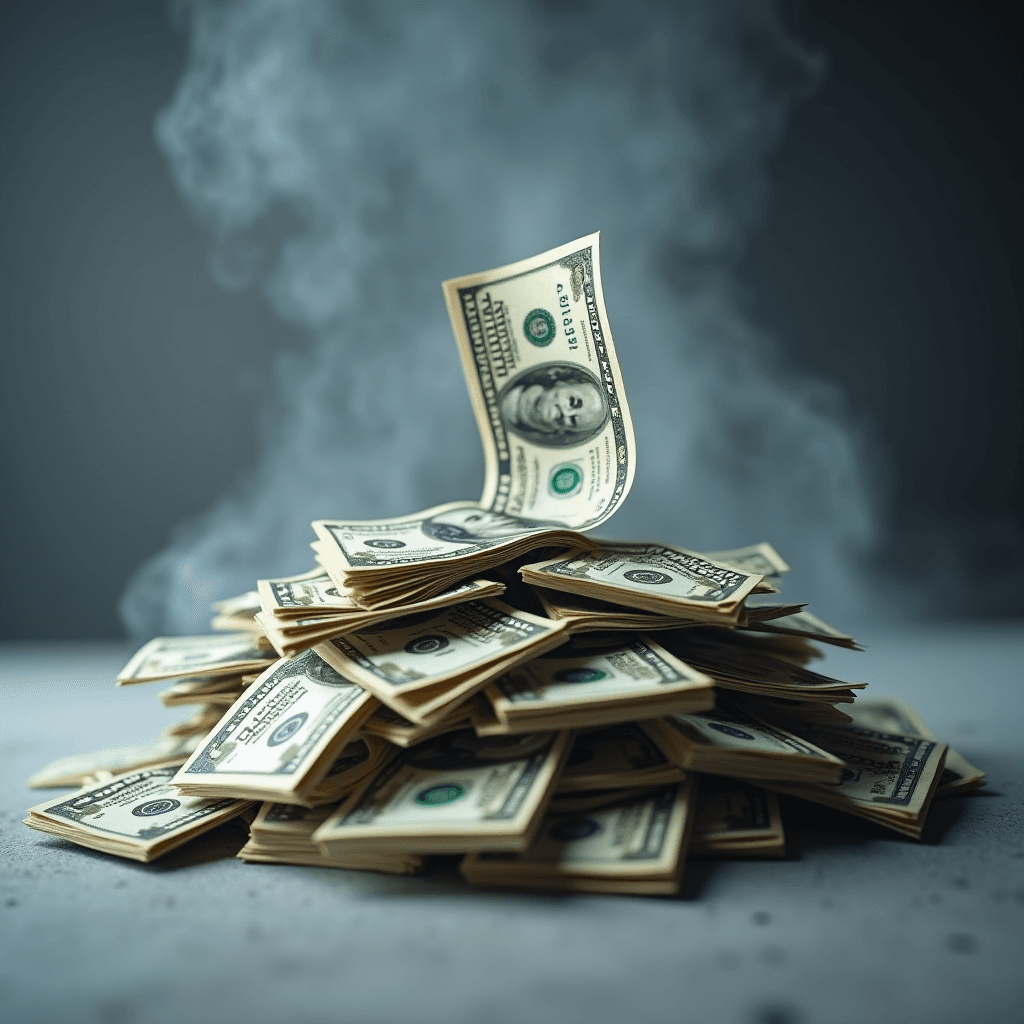 A dramatic depiction of a stack of hundred-dollar bills with smoke rising around it.