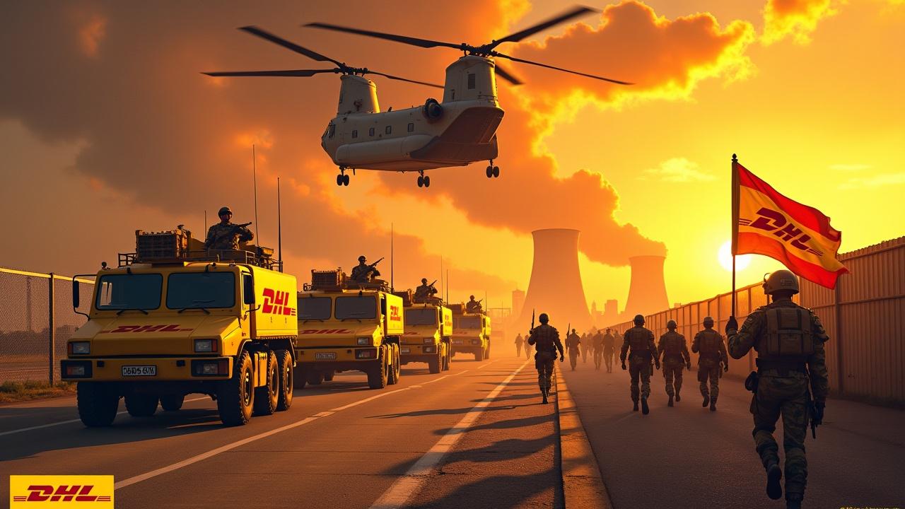 In a dramatic scene, yellow tanks and trucks approach a fence, decorated with the DHL logo. Several soldiers march in unison, armed and ready. One soldier stands proud, waving a DHL flag. The backdrop features a nuclear power plant under a fiery sky. Above, a Chinook helicopter emblazoned with the DHL logo soars through the air. The scene captures a blend of military and logistics themes, highlighting the intensity of operations. At the bottom, the iconic DHL logo pops out in bold yellow.